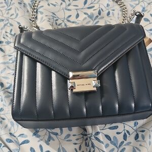 Michael Kors Slate Blue Quilted Chevron Leather Crossbody with Silver Hardware